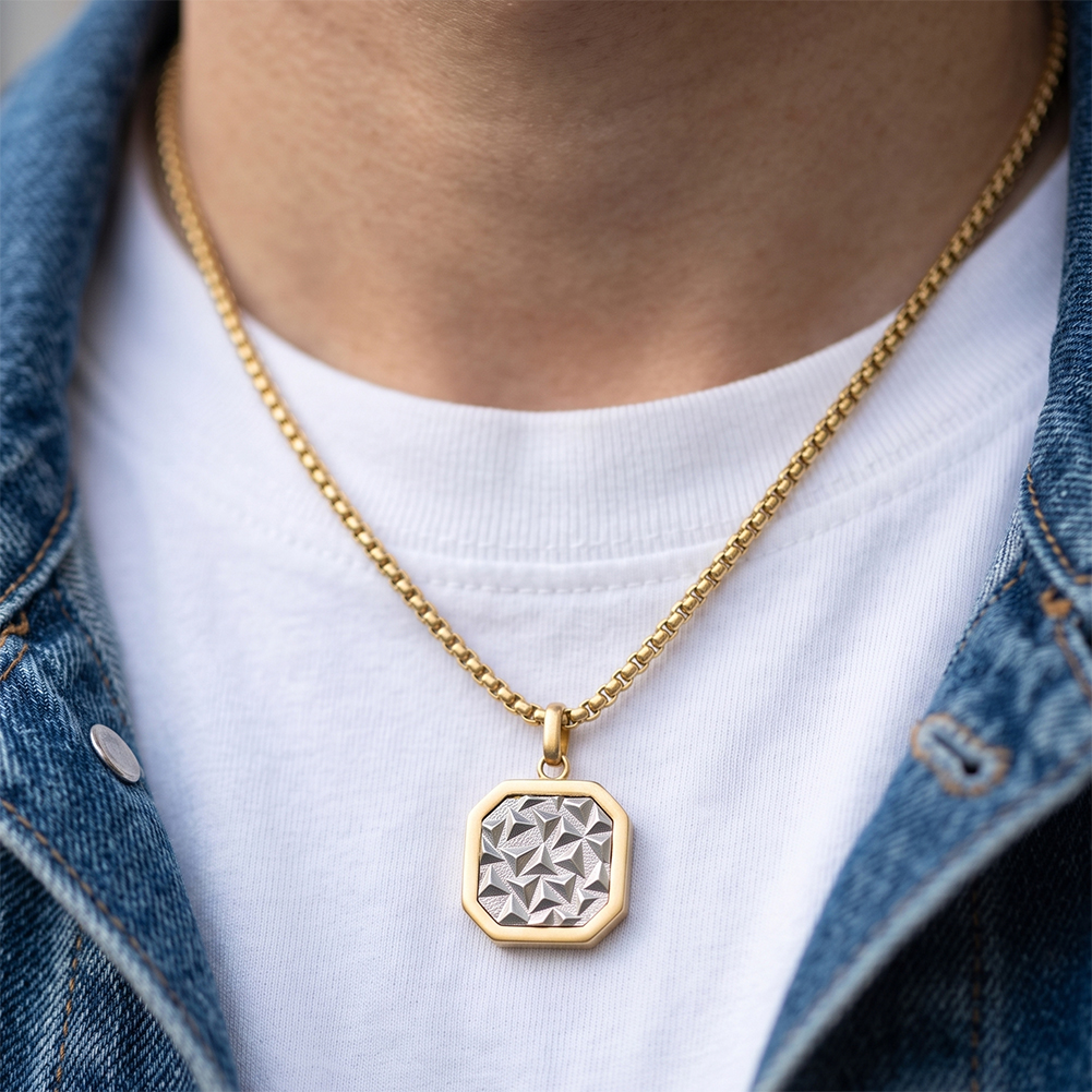 Two Tone Textured Octagonal 316 Stainless Steel Men Charm Necklace for Trendy Street Daily Outfit and All Day Comfort Wearing