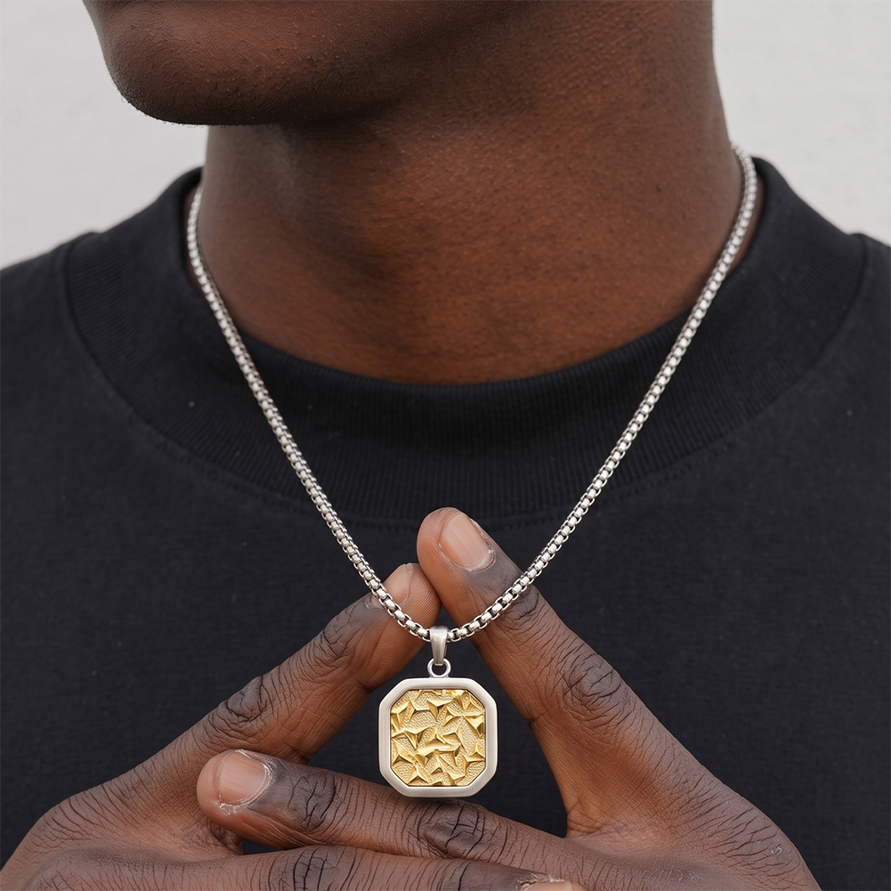 Two Tone Textured Octagonal 316 Stainless Steel Men Charm Necklace for Trendy Street Daily Outfit and All Day Comfort Wearing