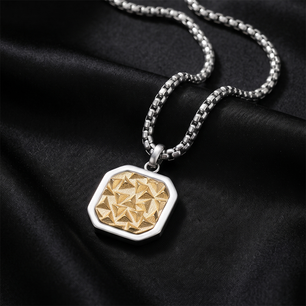 Two Tone Textured Octagonal 316 Stainless Steel Men Charm Necklace for Trendy Street Daily Outfit and All Day Comfort Wearing