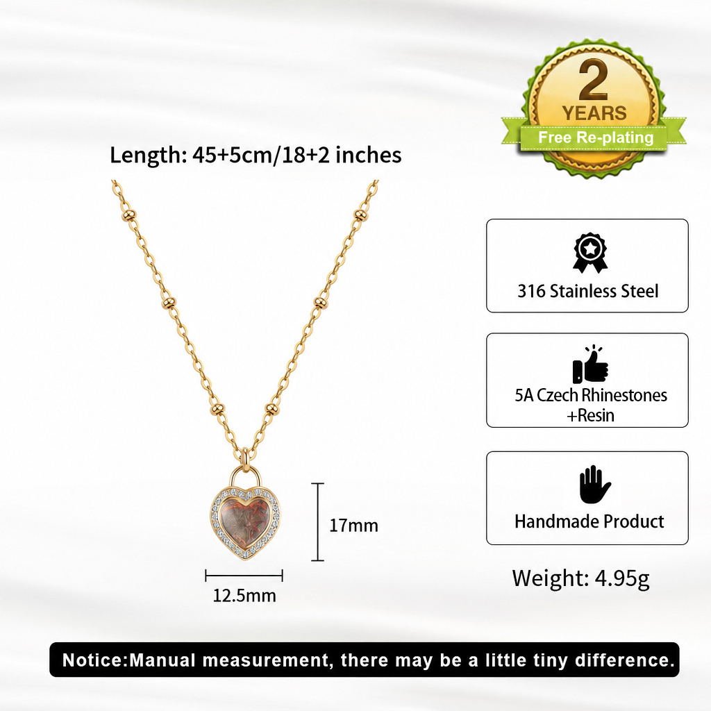 Vintage Resin Heart Rhinestone 316 Stainless Steel Gold Tone Women Necklace for Romantic Daily Party Wear