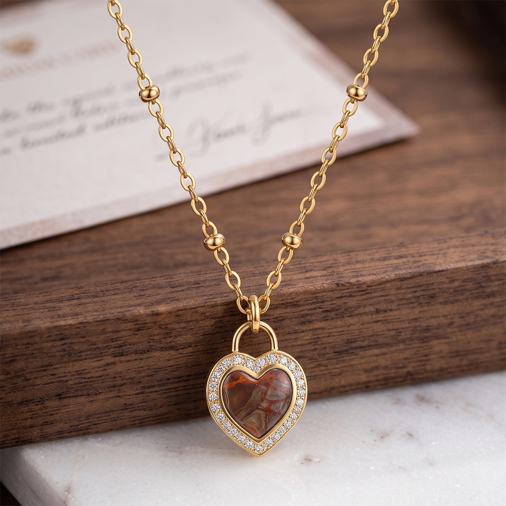 Vintage Resin Heart Rhinestone 316 Stainless Steel Gold Tone Women Necklace for Romantic Daily Party Wear