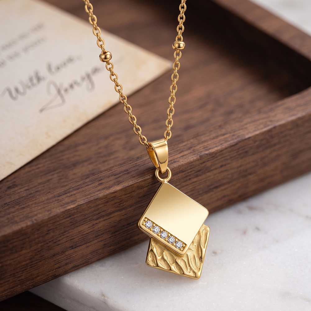 Textured Square Stacked Rhinestone 316 Stainless Steel Gold Tone Women Necklace for Minimalist Stylish Daily Matches