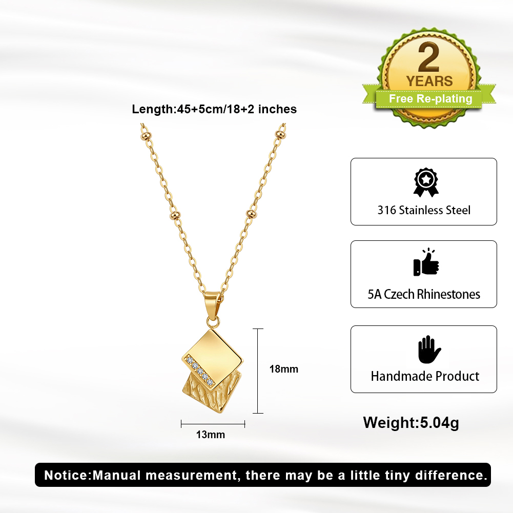 Textured Square Stacked Rhinestone 316 Stainless Steel Gold Tone Women Necklace for Minimalist Stylish Daily Matches