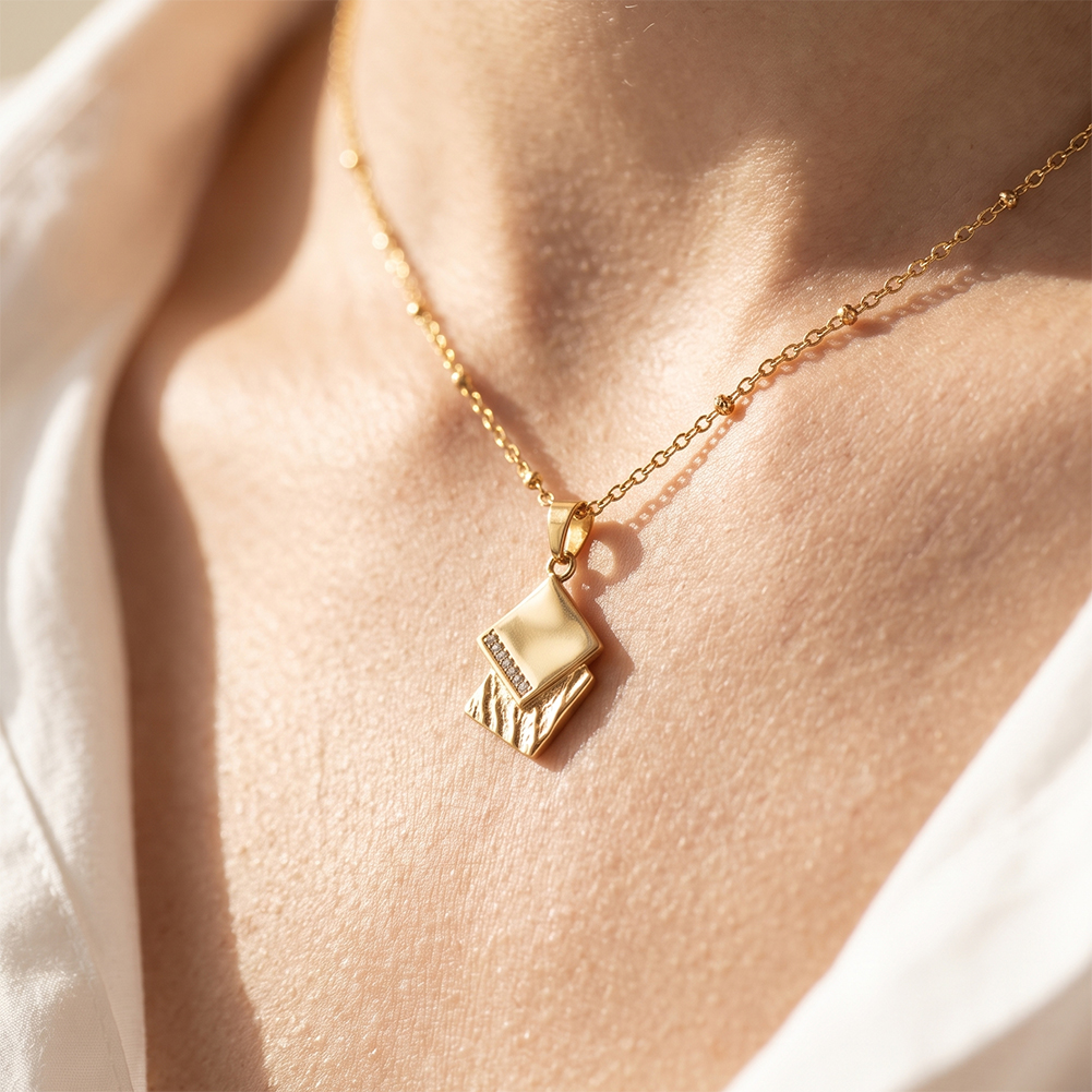 Textured Square Stacked Rhinestone 316 Stainless Steel Gold Tone Women Necklace for Minimalist Stylish Daily Matches