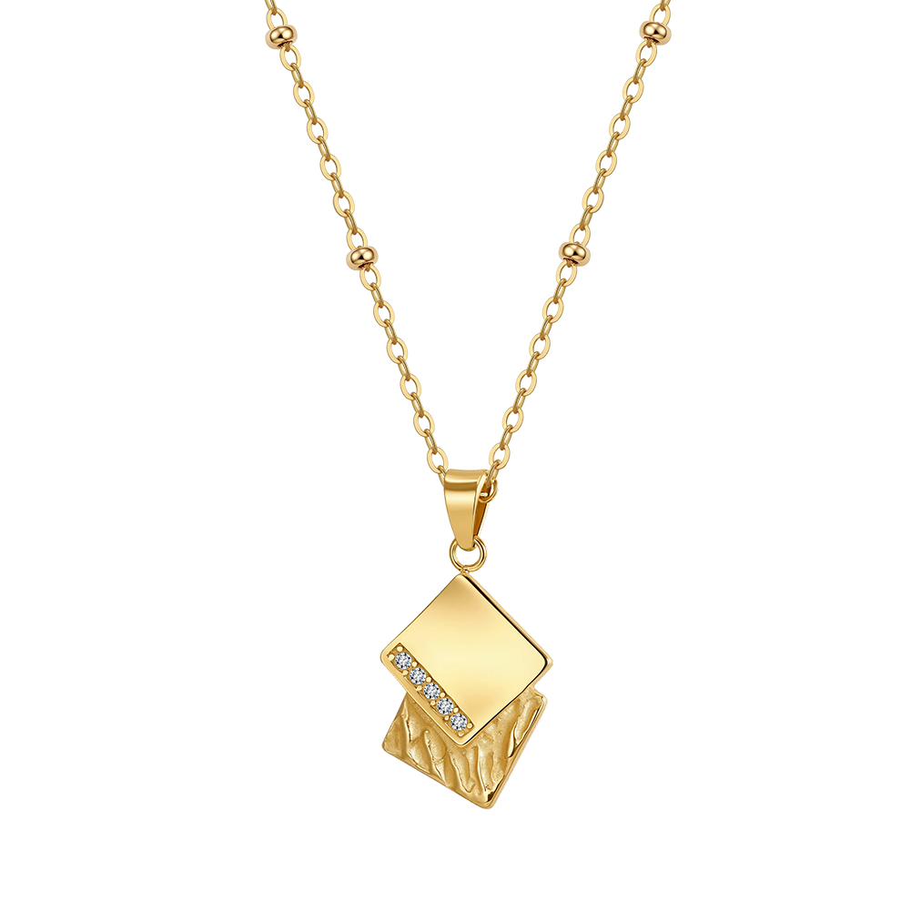 Textured Square Stacked Rhinestone 316 Stainless Steel Gold Tone Women Necklace for Minimalist Stylish Daily Matches