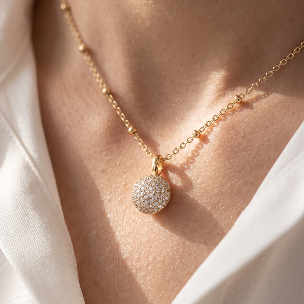 Sparkling Pave Ball Rhinestone 316 Stainless Steel Gold Tone Women Necklace Elegant Daily Party Outfit With Timeless Glam Appeal