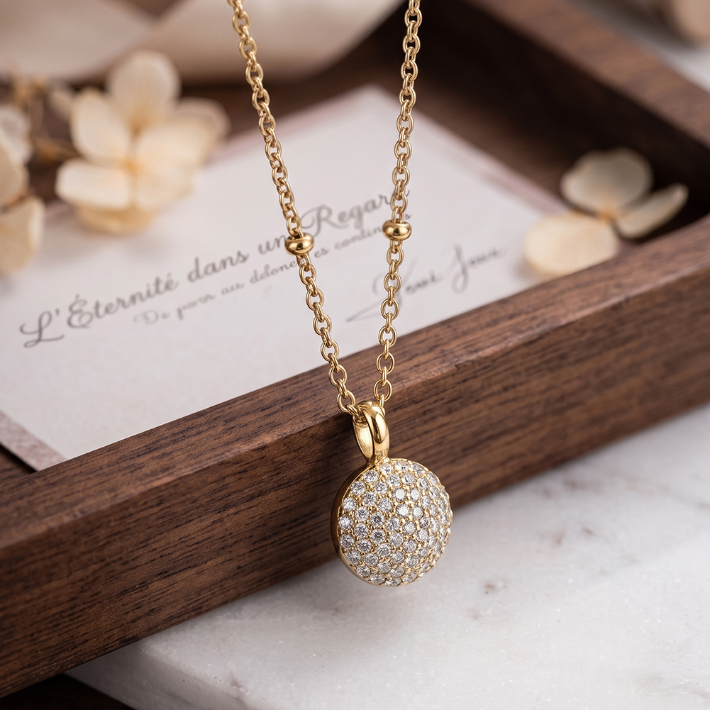Sparkling Pave Ball Rhinestone 316 Stainless Steel Gold Tone Women Necklace Elegant Daily Party Outfit With Timeless Glam Appeal