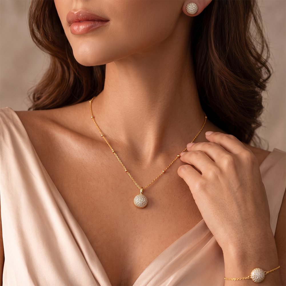 Sparkling Pave Ball Rhinestone 316 Stainless Steel Gold Tone Women Necklace Elegant Daily Party Outfit With Timeless Glam Appeal