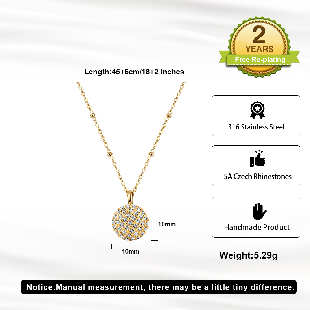 Sparkling Pave Ball Rhinestone 316 Stainless Steel Gold Tone Women Necklace Elegant Daily Party Outfit With Timeless Glam Appeal