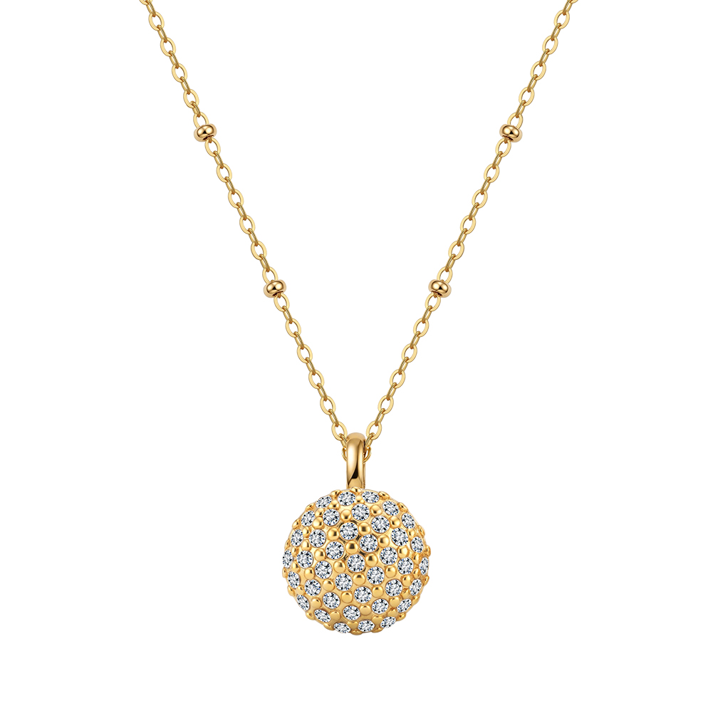 Sparkling Pave Ball Rhinestone 316 Stainless Steel Gold Tone Women Necklace Elegant Daily Party Outfit With Timeless Glam Appeal