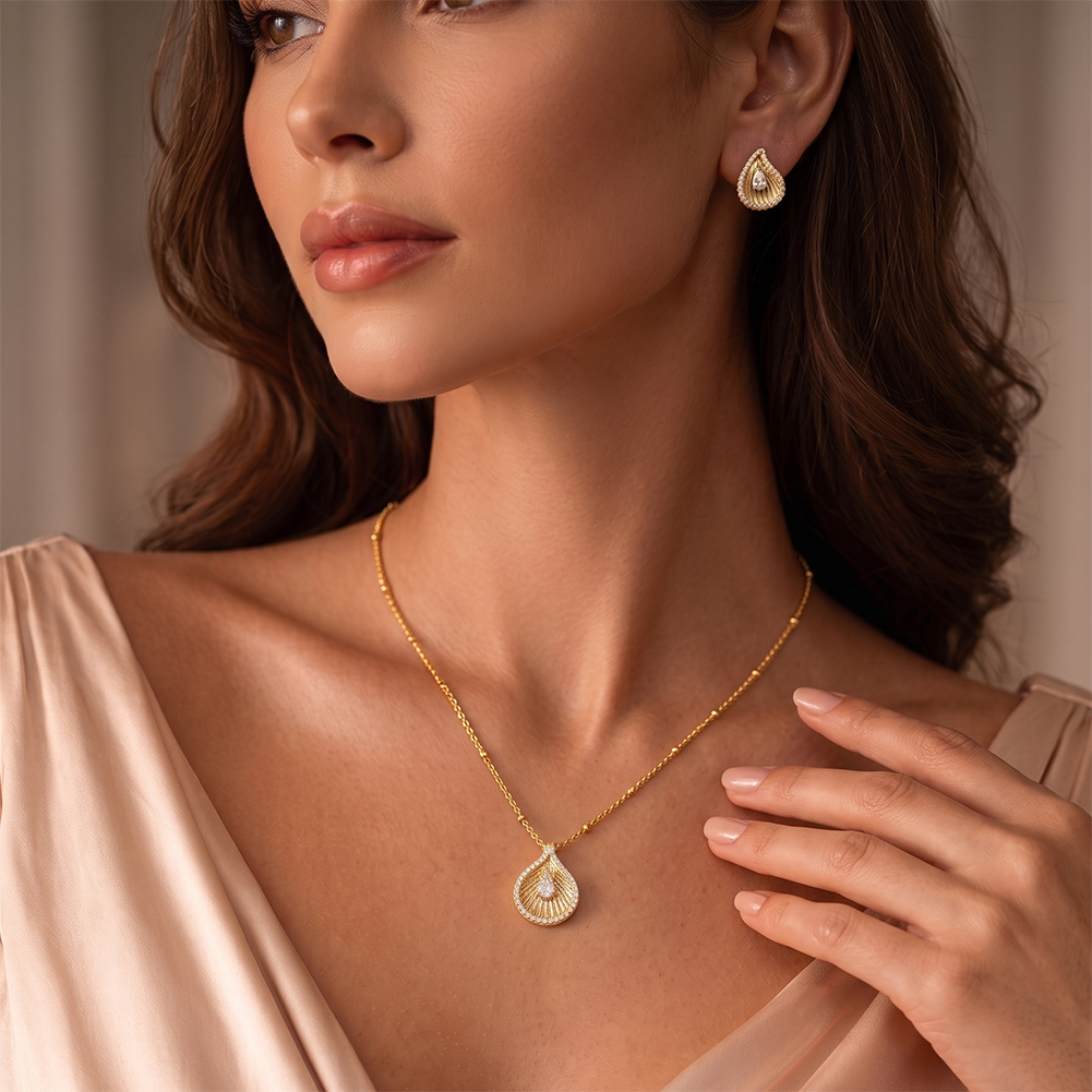 Textured Teardrop Pave Zircon 316 Stainless Steel Women Charm Necklace for Elegant Daily Styling With Luxe Timeless Appeal