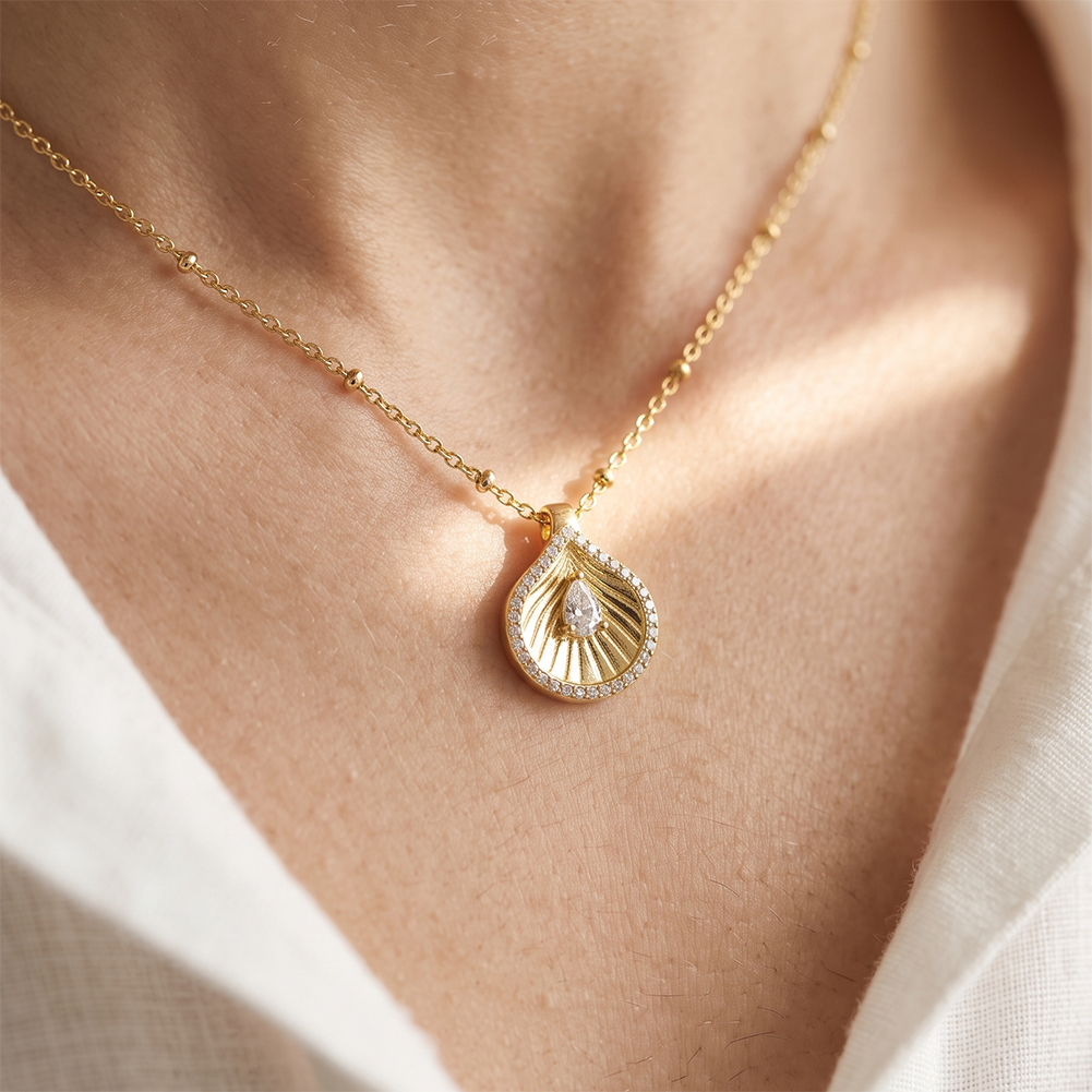 Textured Teardrop Pave Zircon 316 Stainless Steel Women Charm Necklace for Elegant Daily Styling With Luxe Timeless Appeal