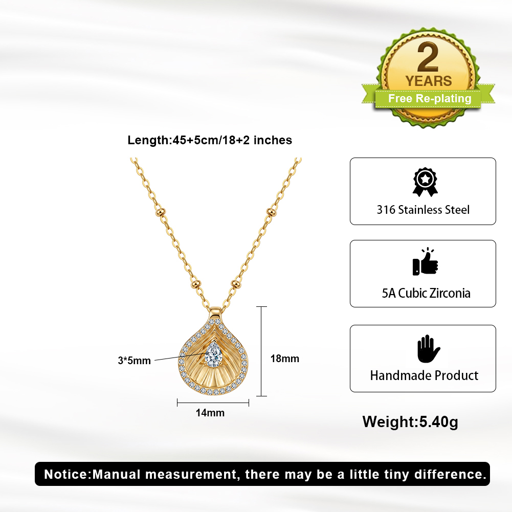 Textured Teardrop Pave Zircon 316 Stainless Steel Women Charm Necklace for Elegant Daily Styling With Luxe Timeless Appeal