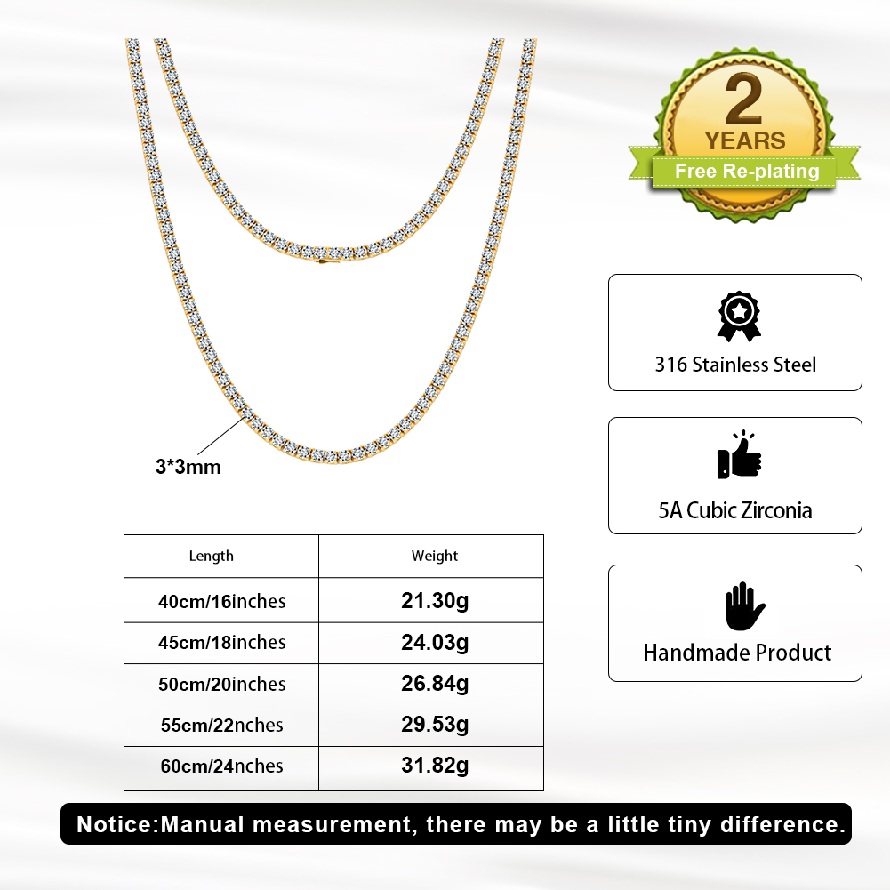 Multi Size Tennis Zircon 316 Stainless Steel Gold Tone Unisex Necklace for Versatile Daily Styling Continuous Luxurious Sparkle