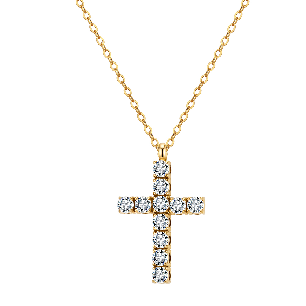 Sparkling Square 5A Zircon Cross 316 Stainless Steel Gold Tone Women Pendant Necklace for Daily Elegant Styling