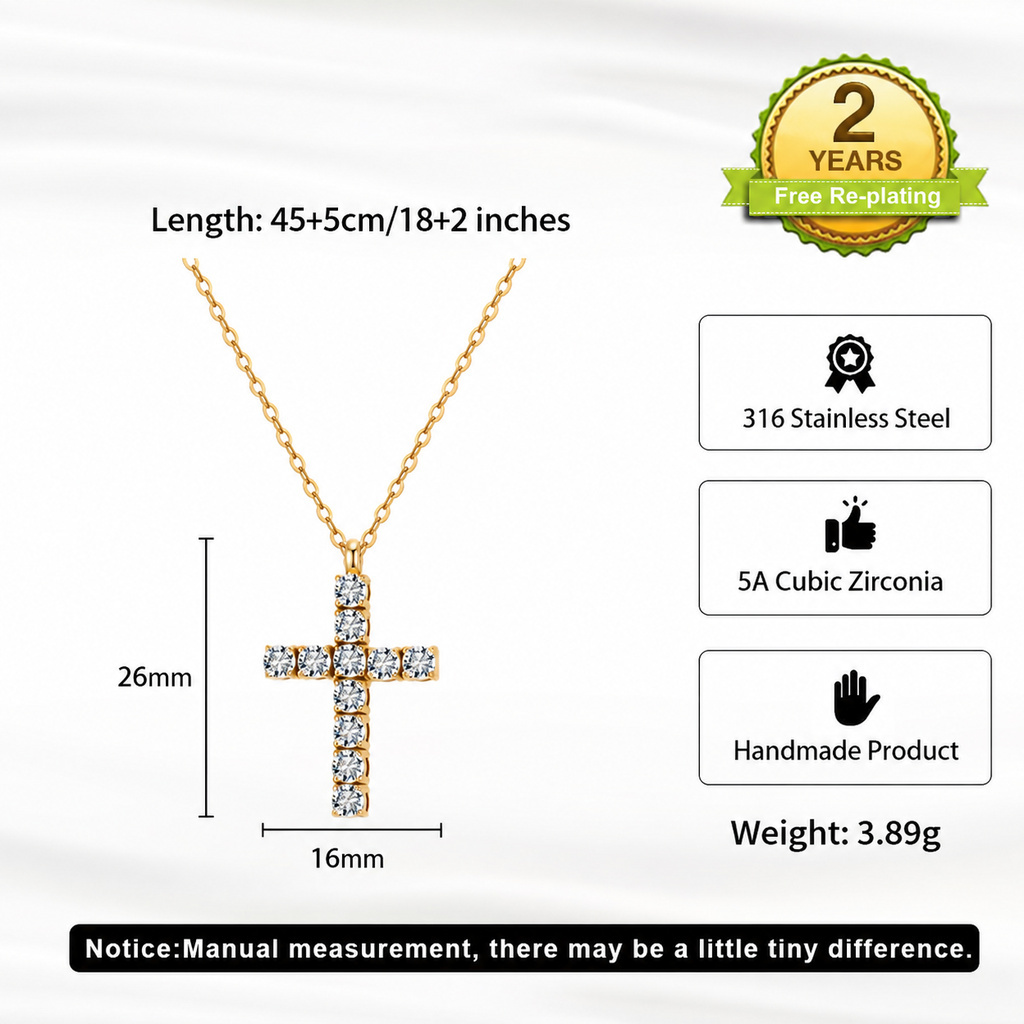 Sparkling Square 5A Zircon Cross 316 Stainless Steel Gold Tone Women Pendant Necklace for Daily Elegant Styling