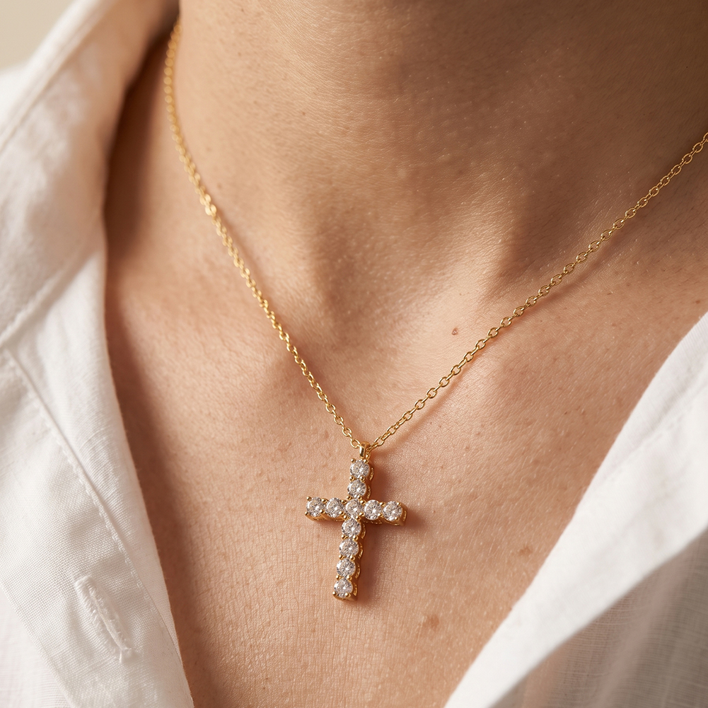 Sparkling Square 5A Zircon Cross 316 Stainless Steel Gold Tone Women Pendant Necklace for Daily Elegant Styling