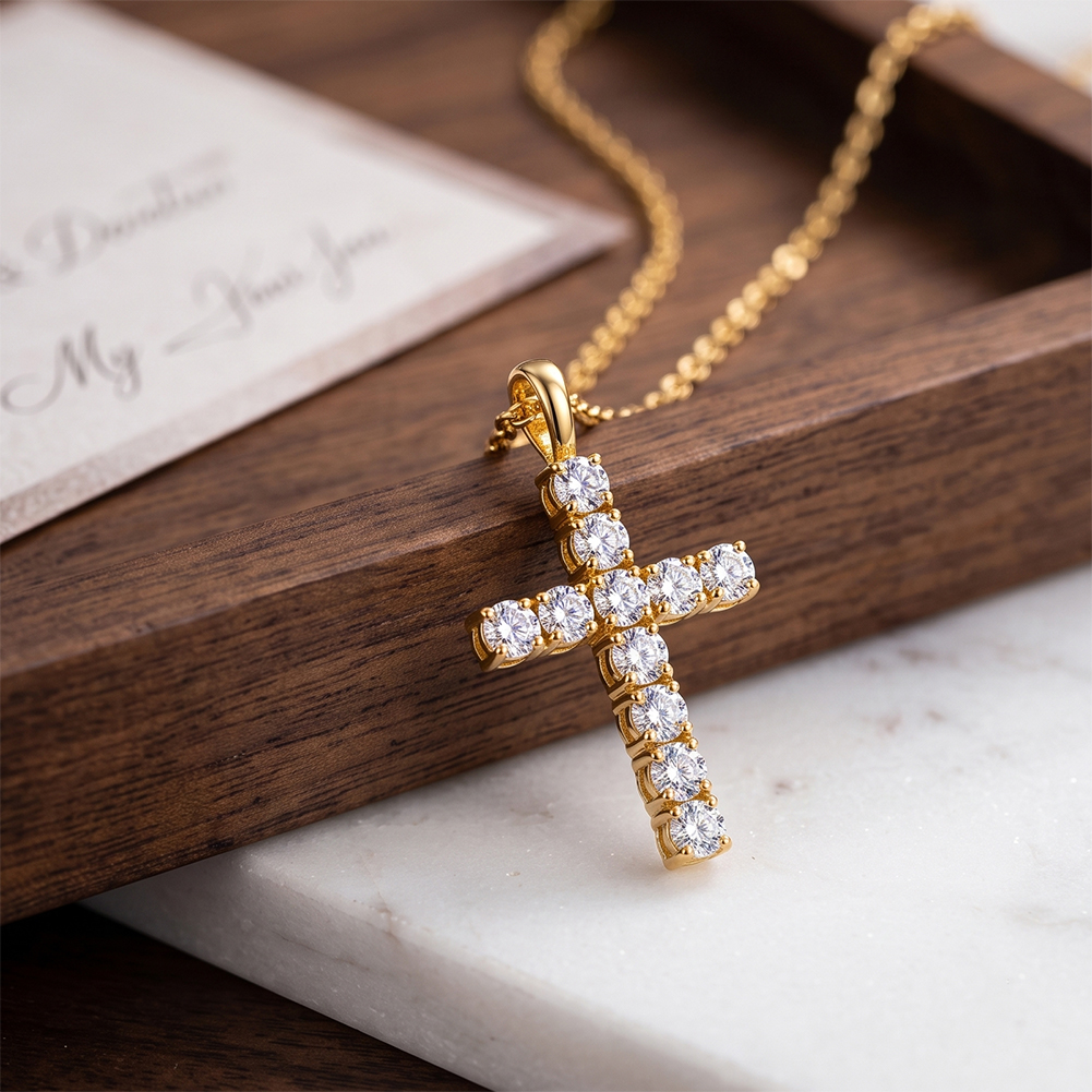 Sparkling Square 5A Zircon Cross 316 Stainless Steel Gold Tone Women Pendant Necklace for Daily Elegant Styling