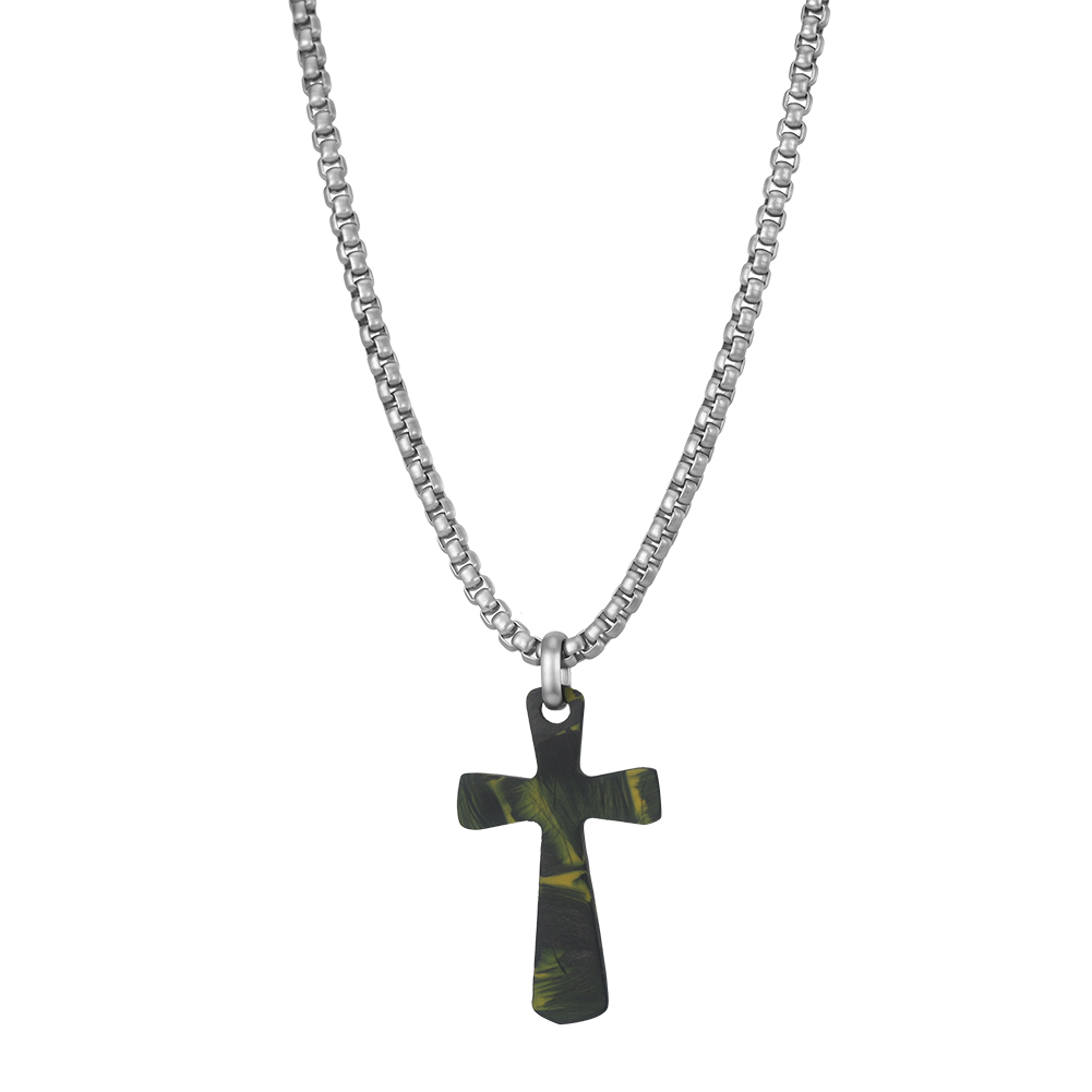 Trendy Camo Cross 316 Stainless Steel Mens Charm Pendant Necklace Adjustable Box Chain for Mens Casual Daily Wear and Styling