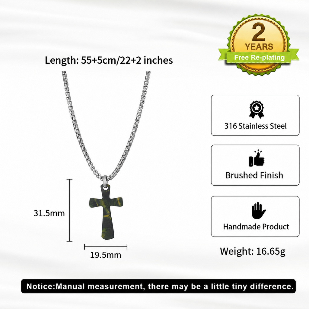 Trendy Camo Cross 316 Stainless Steel Mens Charm Pendant Necklace Adjustable Box Chain for Mens Casual Daily Wear and Styling
