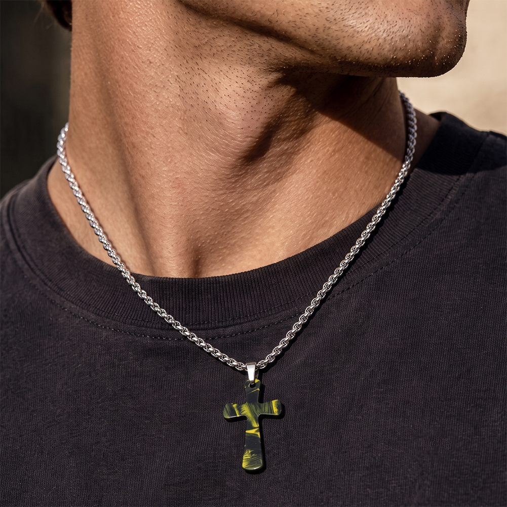 Trendy Camo Cross 316 Stainless Steel Mens Charm Pendant Necklace Adjustable Box Chain for Mens Casual Daily Wear and Styling