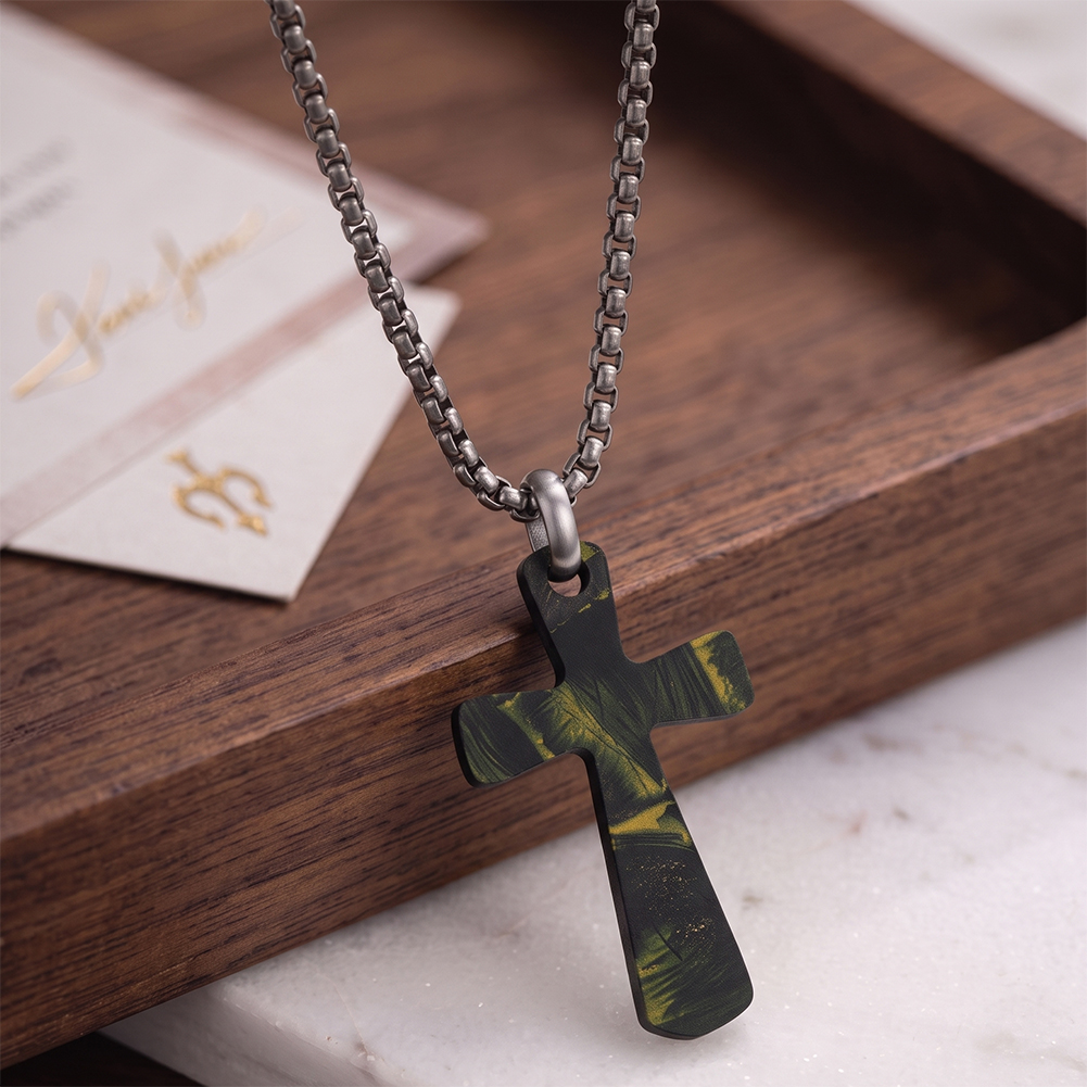 Trendy Camo Cross 316 Stainless Steel Mens Charm Pendant Necklace Adjustable Box Chain for Mens Casual Daily Wear and Styling