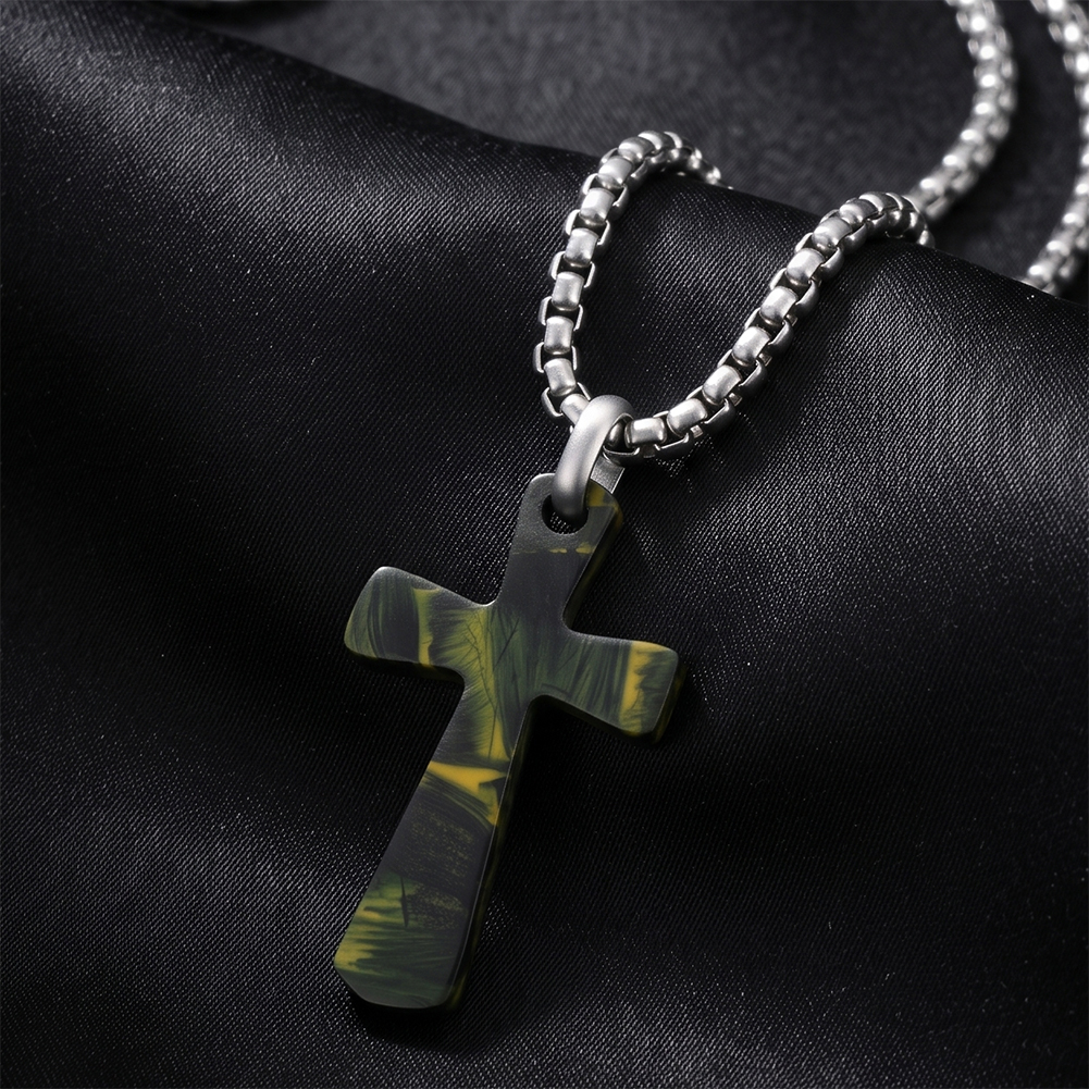 Trendy Camo Cross 316 Stainless Steel Mens Charm Pendant Necklace Adjustable Box Chain for Mens Casual Daily Wear and Styling