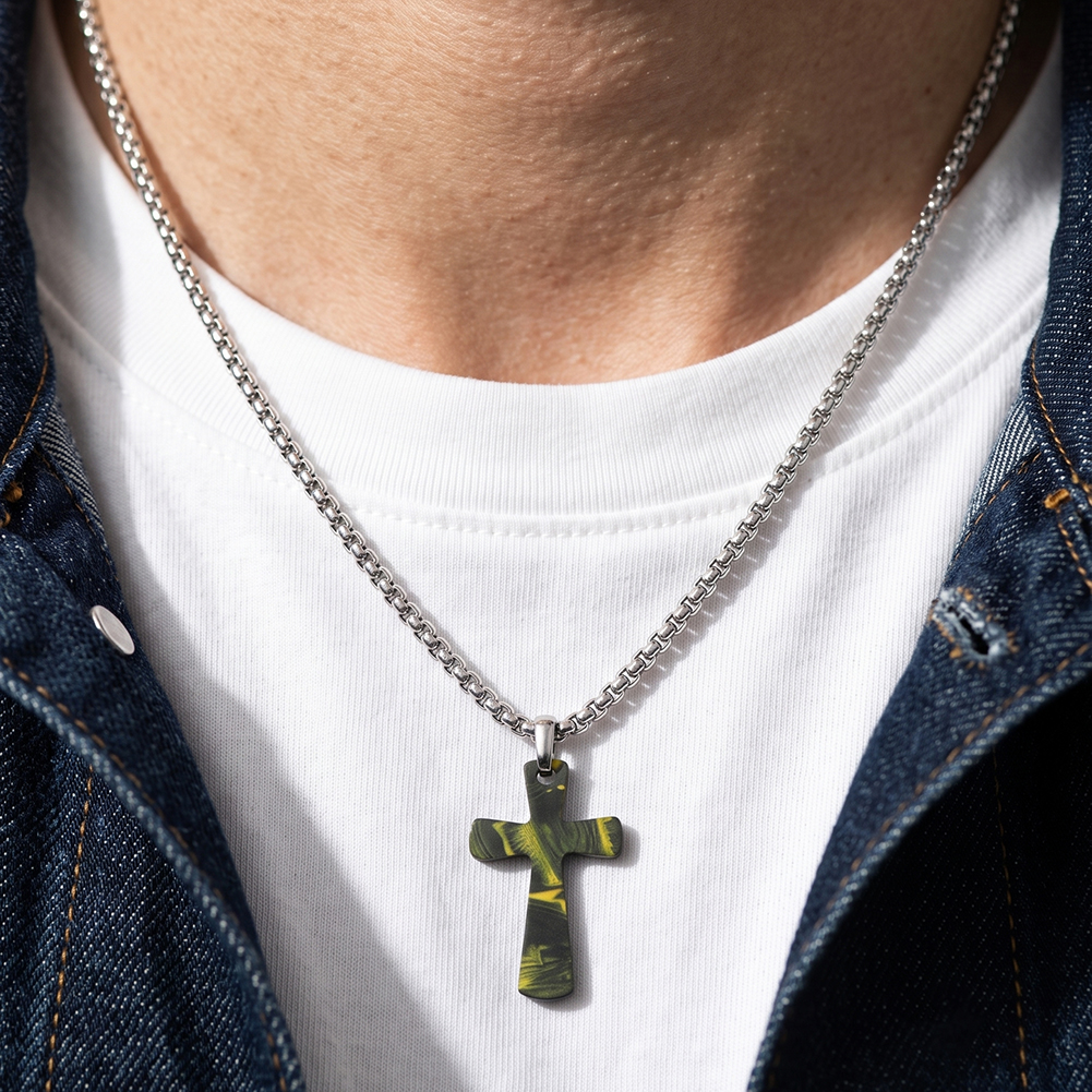 Trendy Camo Cross 316 Stainless Steel Mens Charm Pendant Necklace Adjustable Box Chain for Mens Casual Daily Wear and Styling