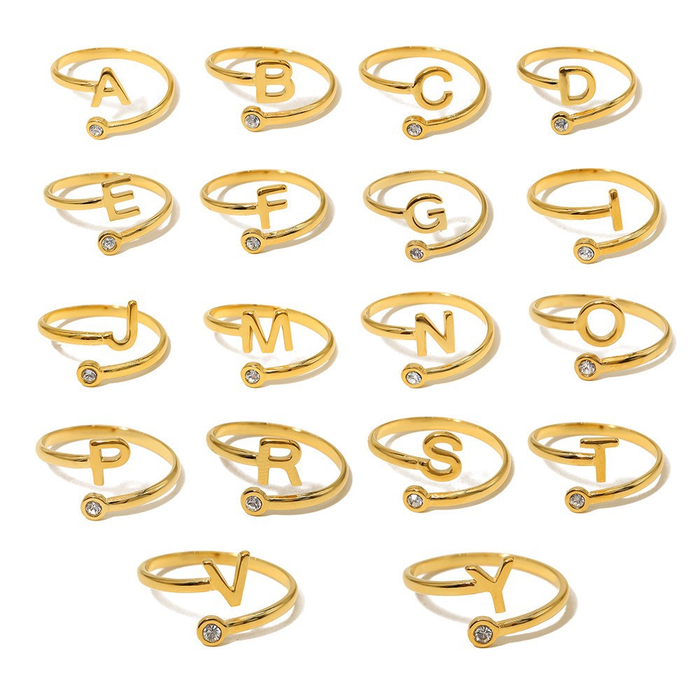 New Fashion Non Tarnish Dainty Initial Ring Birthday Gift Jewelry Stainless Steel 18k Gold Plated Zircon Letter Open Ring