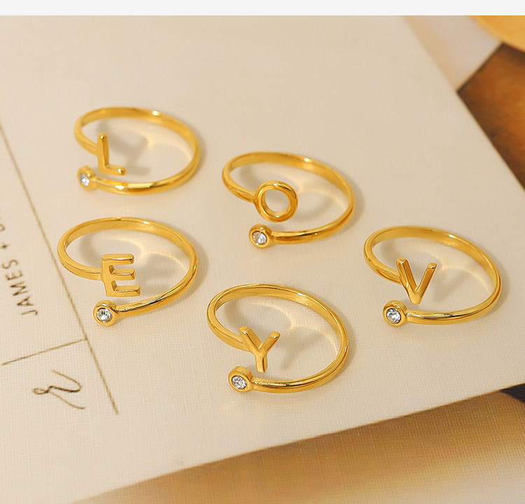 New Fashion Non Tarnish Dainty Initial Ring Birthday Gift Jewelry Stainless Steel 18k Gold Plated Zircon Letter Open Ring
