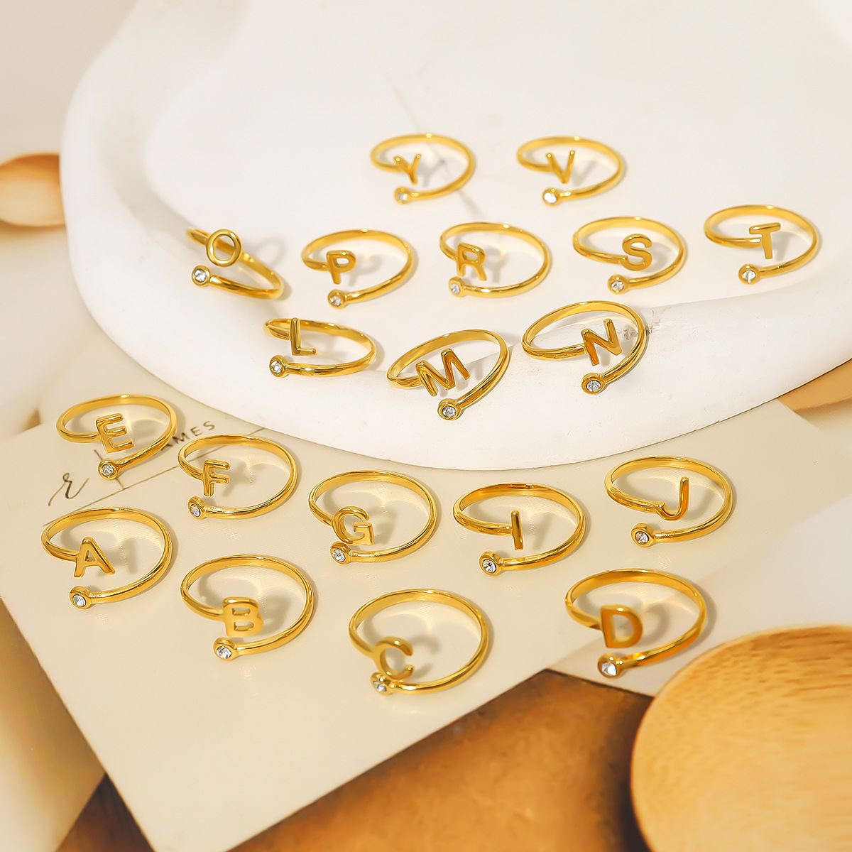 New Fashion Non Tarnish Dainty Initial Ring Birthday Gift Jewelry Stainless Steel 18k Gold Plated Zircon Letter Open Ring