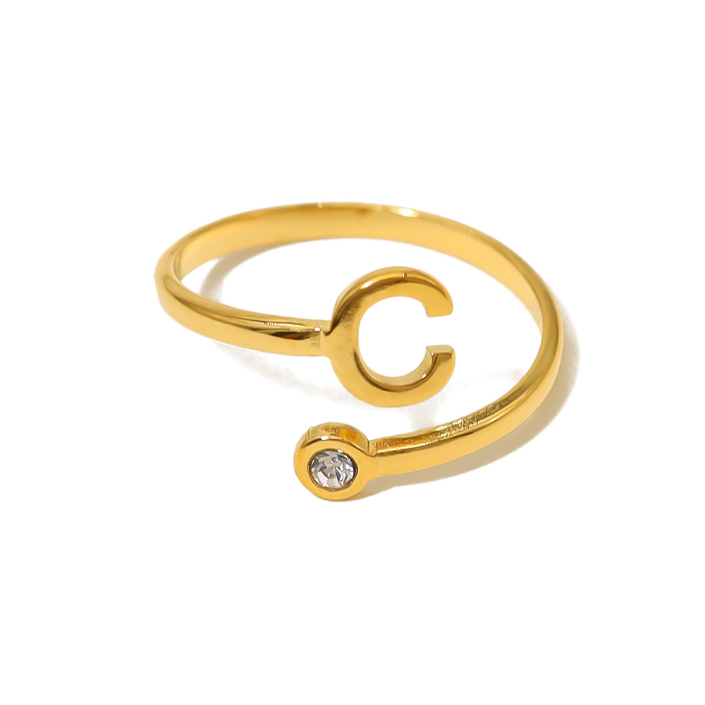 New Fashion Non Tarnish Dainty Initial Ring Birthday Gift Jewelry Stainless Steel 18k Gold Plated Zircon Letter Open Ring
