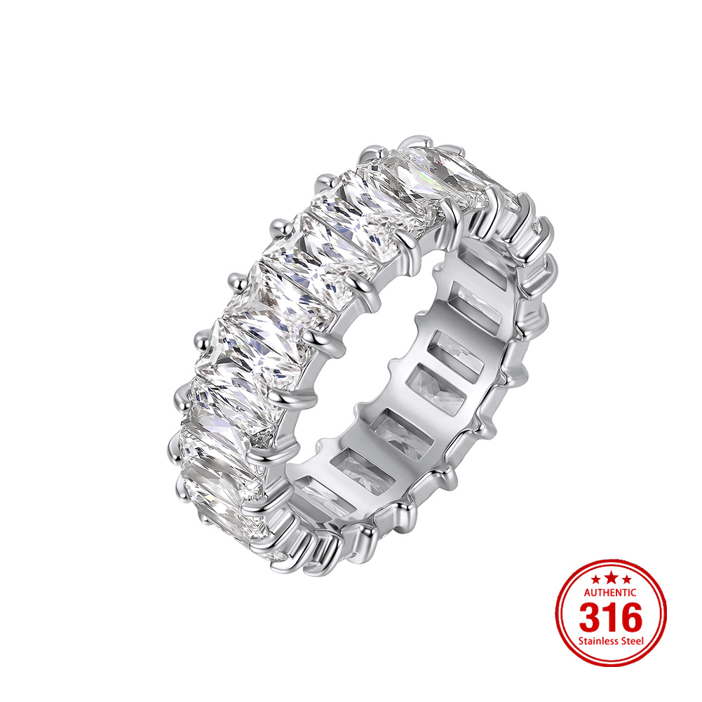 RINNTIN HTKR03 Handcrafted Full Baguette Cut 5A Cubic Zirconia Eternity 316 Stainless Steel Ring Stackable Fashion Jewelry