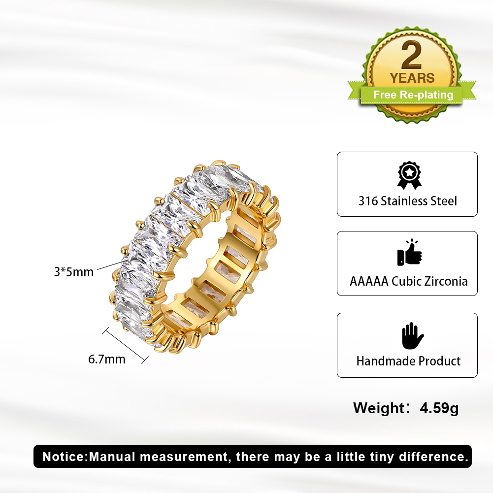 RINNTIN HTKR03 Handcrafted Full Baguette Cut 5A Cubic Zirconia Eternity 316 Stainless Steel Ring Stackable Fashion Jewelry