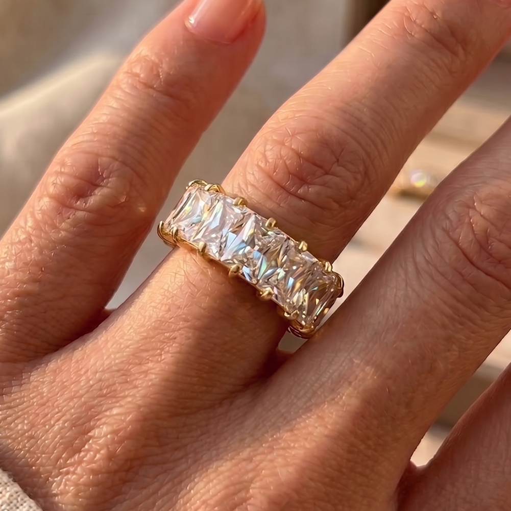 RINNTIN HTKR03 Handcrafted Full Baguette Cut 5A Cubic Zirconia Eternity 316 Stainless Steel Ring Stackable Fashion Jewelry