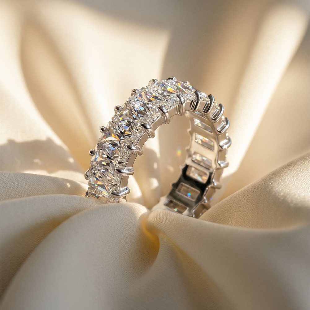 RINNTIN HTKR03 Handcrafted Full Baguette Cut 5A Cubic Zirconia Eternity 316 Stainless Steel Ring Stackable Fashion Jewelry