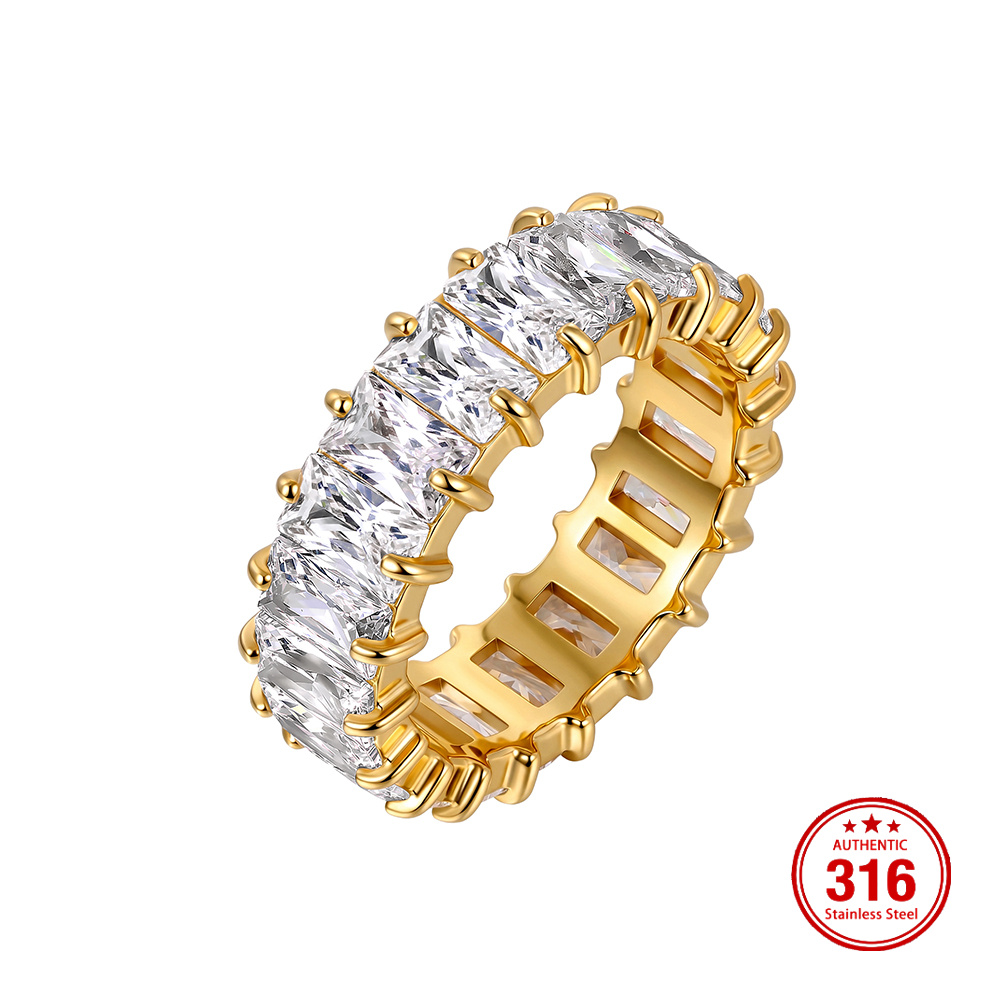 RINNTIN HTKR03 Handcrafted Full Baguette Cut 5A Cubic Zirconia Eternity 316 Stainless Steel Ring Stackable Fashion Jewelry