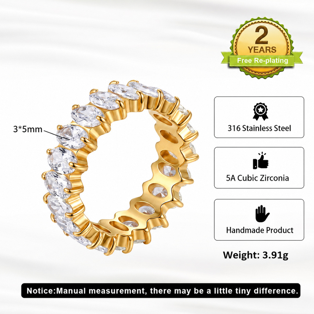 RINNTIN HTKR02 Handcrafted Full Baguette Cut 5A Cubic Zirconia Eternity 316 Stainless Steel Ring Stackable Fashion Jewelry
