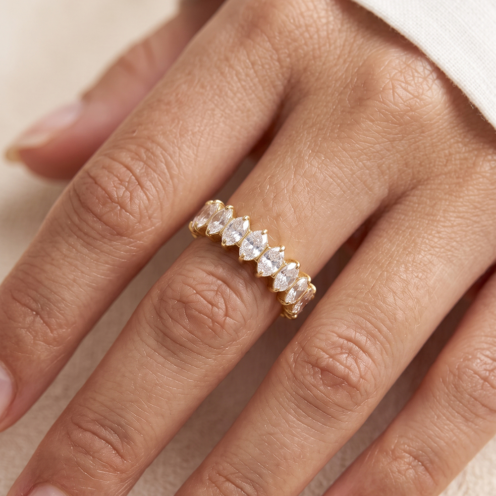 RINNTIN HTKR02 Handcrafted Full Baguette Cut 5A Cubic Zirconia Eternity 316 Stainless Steel Ring Stackable Fashion Jewelry
