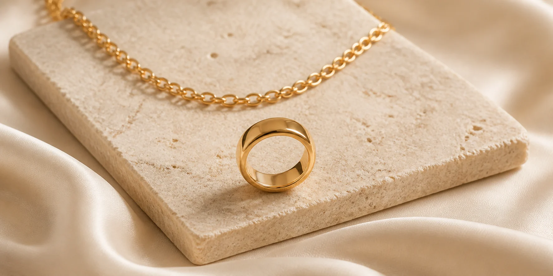 Gold jewelry displayed on natural stone