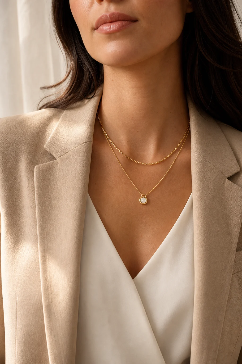 Woman wearing layered Premsteel gold-tone stainless steel necklaces
